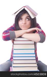 Young female student with books on white
