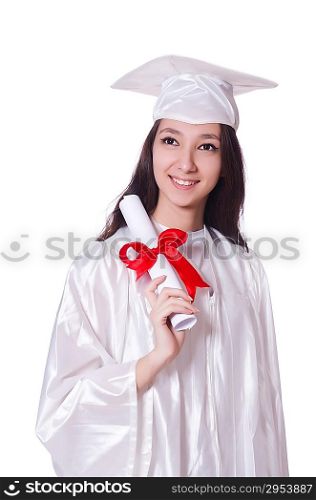 Young female student with diploma on white