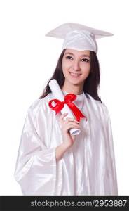 Young female student with diploma on white