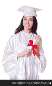 Young female student with diploma on white