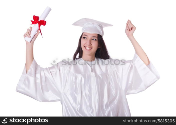 Young female student with diploma on white