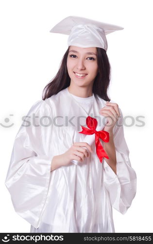 Young female student with diploma on white