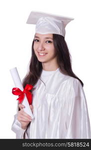 Young female student with diploma on white