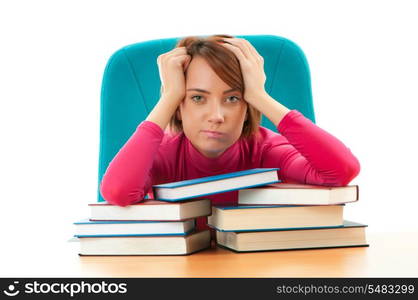 Young female student with many study books