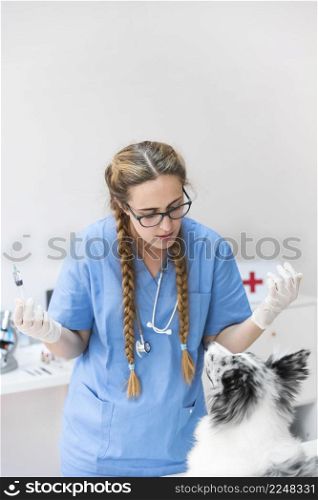 young female vet looking dog clinic