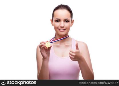 Young female with gold winner medal isolated on white