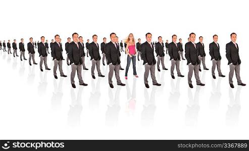 young feminist woman and businessman formation collage