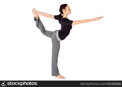 Young fit woman doing yoga asana called Lord of the Dance (Sanskrit name: Natarajasana), isolated on white background.