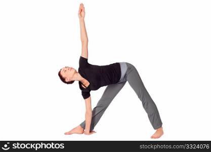 Young fit woman doing yoga exercise called Triangle Pose (Sanskrit name: Trikonasana), isolated on white background.
