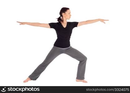 Young fit woman doing yoga exercise called Warrior (Sanskrit name: Virabhadrasana), isolated on white background.