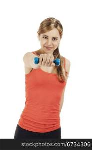 young fitness woman exercising with a dumbbell. young smiling fitness woman exercising with a dumbbell on white background