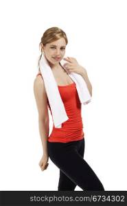 young fitness woman. young smiling fitness woman with a white towel on white background