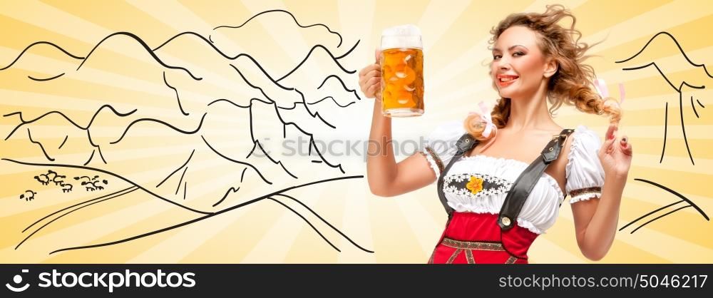 Young flirting sexy woman wearing red jumper shorts with suspenders in a form of a traditional dirndl, holding a beer mug against sketchy mountain scene background. Facebook size format.
