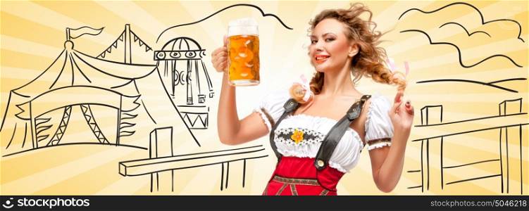 Young flirting sexy woman wearing red jumper shorts with suspenders in a form of a traditional dirndl, holding a beer mug against sketchy mountain scene background. Facebook size format.