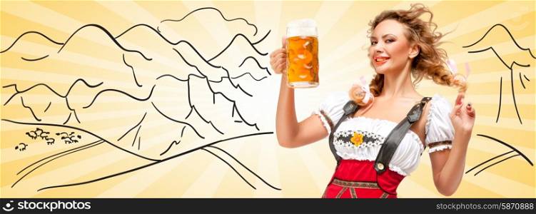 Young flirting sexy woman wearing red jumper shorts with suspenders in a form of a traditional dirndl, holding a beer mug against sketchy mountain scene background.