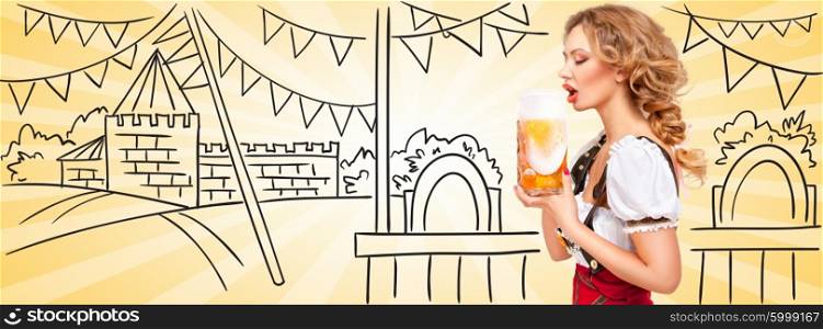 Young flirting sexy woman wearing red jumper shorts with suspenders in a form of a traditional dirndl, holding a beer mug against sketchy festive castle background. Facebook size format.