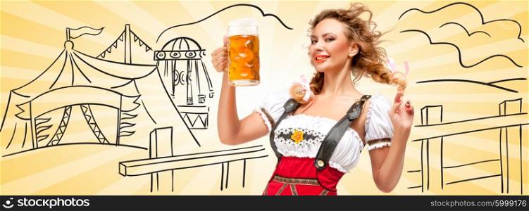 Young flirting sexy woman wearing red jumper shorts with suspenders in a form of a traditional dirndl, holding a beer mug against sketchy amusement park background. Facebook size format.