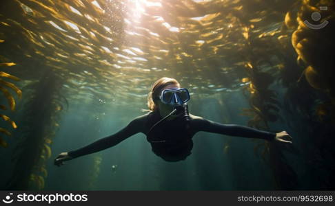 Young free diver enjoying the underwater world in a kelp