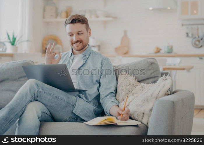 Young freelancer taking orders from client in video chat and writing them down in note book, showing okay gesture, assuring that he will finish without problems on time while sitting on couch. Young freelancer taking orders from client and writing them down