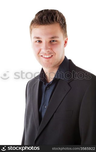 Young friendly businessman is smiling on white background