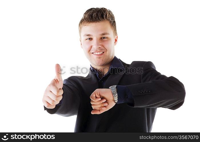 Young friendly businessman on white background