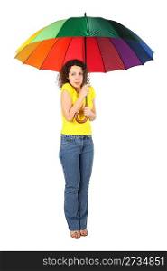 young frozen beauty woman in yellow shirt with multicolored umbrella standing isolated on white