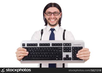 Young funny businessman with keyboard isolated on white