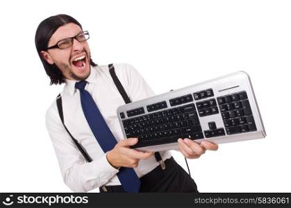 Young funny businessman with keyboard isolated on white