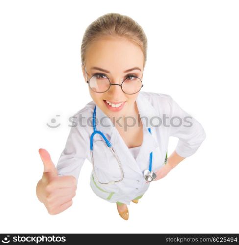 Young funny doctor isolated on white