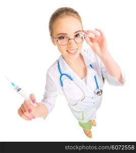 Young funny doctor with syringe isolated on white