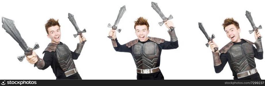 Young funny man in armour suit 