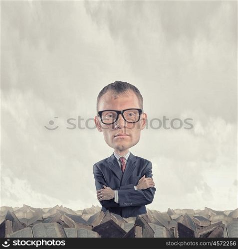 Young funny man in glasses with big head. He has great mind