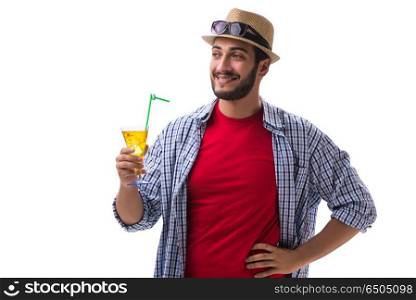 Young funny man with cocktail isolated on white