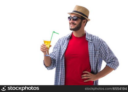 Young funny man with cocktail isolated on white
