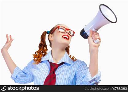 Young funny woman in red glasses. Young funny woman in red glasses holding megaphone