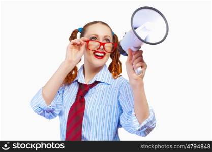 Young funny woman in red glasses. Young funny woman in red glasses holding megaphone