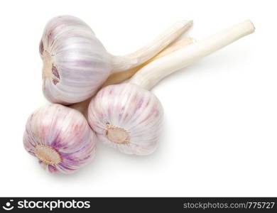 Young garlic isolated on white background. Top view, flat lay