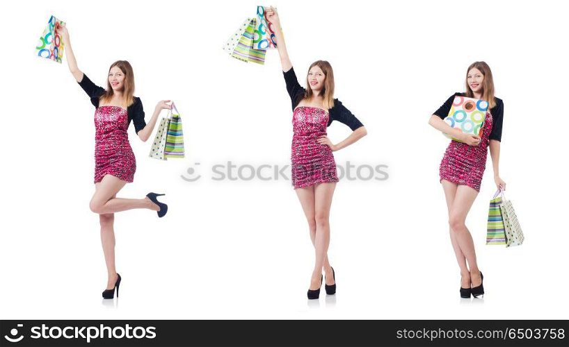 Young girl after good shopping on white