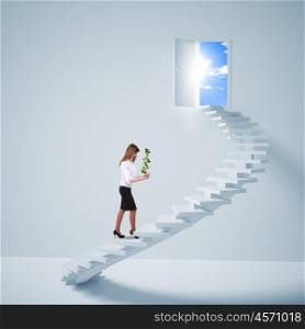 young girl climbs the ladder of success and a virtual career. Collage.