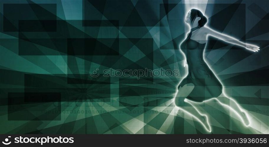 Young Girl Dancing in a Dress in 3D. Science Engineering