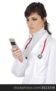 Young Girl doctor with mobile phone over white background