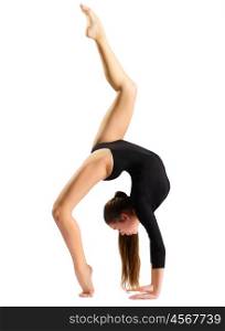 Young girl doing gymnastic exercises isolated