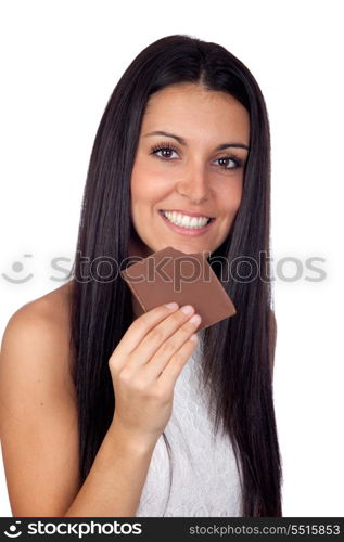 Young Girl Eating Chocolate Isolated on White