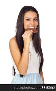 Young Girl Eating Chocolate Isolated on White