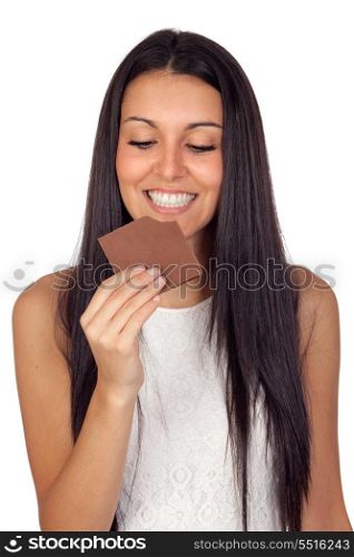 Young Girl Eating Chocolate Isolated on White