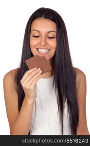 Young Girl Eating Chocolate Isolated on White