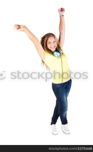 Young girl enjoying music through headphones, smiling at camera, isolated on white bacground.