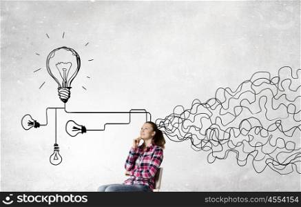 Young girl finding solution. Pretty young woman making decision with arrows above her head