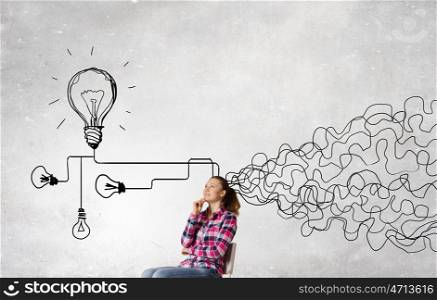 Young girl finding solution. Pretty young woman making decision with arrows above her head