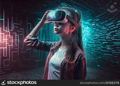 Young girl getting experience VR headset is using augmented reality eyeglasses being in virtual reality. Neural network AI generated art. Young girl getting experience VR headset is using augmented reality eyeglasses being in virtual reality. Neural network AI generated